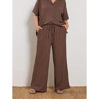 Yours Curve Wide Leg Textured Trousers - Brown