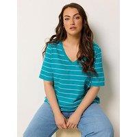 Yours Curve V-Neck Stripe T-Shirt - Blue