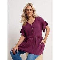 Yours Curve Frill Sleeve Button Peplum Top - Purple