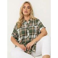 Yours Curve Short Sleeve Check Shirt - Green