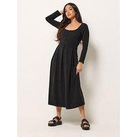 Pixiegirl Petite Long Sleeve Pleat Scoop Neck Midi Dress - Black