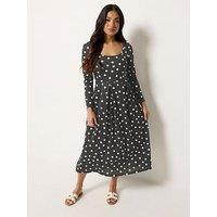Pixiegirl Petite Spot Print Long Sleeve Pleat Waist Maxi Dress - Black