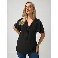 Yours Curve Buckle V-Neck Swing Top - Black