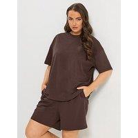 Yours Curve Shorts & T Shirt Co-Ord Sweat Set - Brown