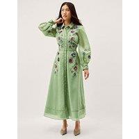 Monsoon Orla Embroidered Shirt Dress - Green