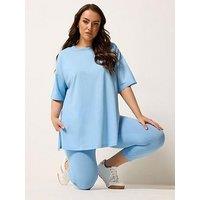 Yours Curve Relaxed Longline Side Split T-Shirt - Blue