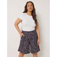 Yours Curve Jersey Crinkle Ditsy Print Shorts - Black