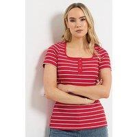 Long Tall Sally Striped Square Neck Button Detail T-Shirt - Red
