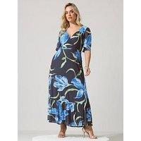 Yours Curve Floral Wrap Ruffle Hem Dress - Blue