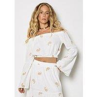 Apricot Paisley Embroid Linen Bardot Top