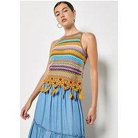 Apricot Multi Stripe Tassle Crochet Top