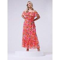 Yours Curve Floral Metallic Cold Shoulder Maxi Dress - Orange