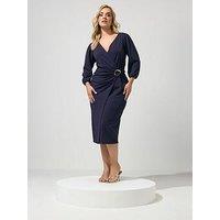 Yours Curve Buckle Wrap Dress - Blue