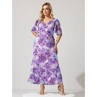 Yours Curve Blur Floral Print Wrap Ruffle Hem Dress - Purple