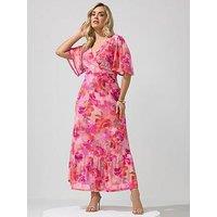Yours Curve Blur Floral Print Wrap Ruffle Hem Dress - Pink