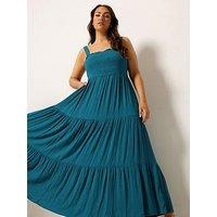 Yours Curve Shirred Strappy Maxi Dress - Green