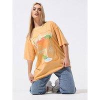 Yours Curve Cocktail Print Acid Wash Longline T-Shirt - Orange