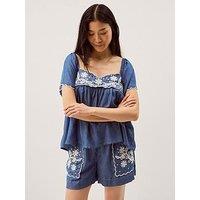 Monsoon Isla Short Sleeve Embroidered Denim Top - Blue