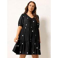 Yours Curve Polka Dot Tiered Smock Dress - Black