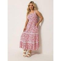 Yours Curve Ditsy Print Shirred Placket Dress - Pink