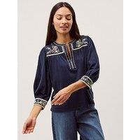 Monsoon Emi Embroidered Cotton Jersey Top - Blue