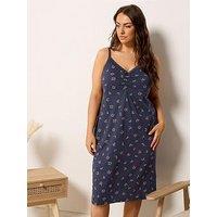 Yours Curve Cherry Hearts Print Lace Chemise Nightdress - Blue