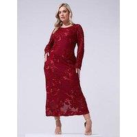 Yours Curve Mesh Applique Long Sleeve Maxi Dress - Red