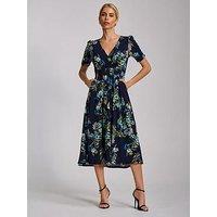 Jolie Moi Short Sleeve Printed Jersey Midi Dress - Navy