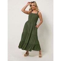 Yours Curve Shirred Placket Dress - Green