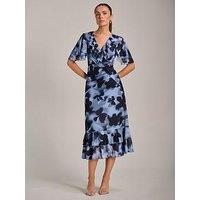 Jolie Moi Ruffle Detail Ruched Mesh Midaxi Dress - Blue