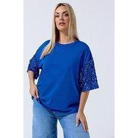 Yours Curve Sequin Sleeve T-Shirt - Blue