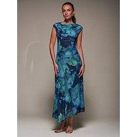 Jolie Moi Slash Neck Ruched Mesh Maxi Dress - Blue