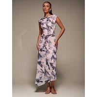 Jolie Moi Slash Neck Ruched Mesh Maxi Dress - Beige