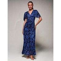 Jolie Moi Angel Sleeve Draped Mesh Maxi Dress - Blue