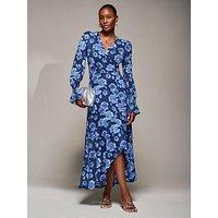 Jolie Moi Ruffle Cuffed Sleeve Frill Mesh Maxi Dress - Blue