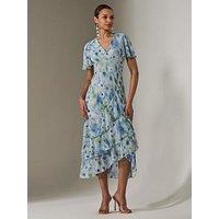 Jolie Moi Mesh Print Frill Hem Midaxi Dress - Blue