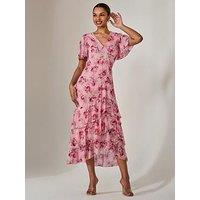 Jolie Moi Mesh Print Frill Hem Midaxi Dress - Pink