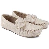 Totes Isotoner Isotoner Ladies Linen Bow Moccasin Slipper - Stone