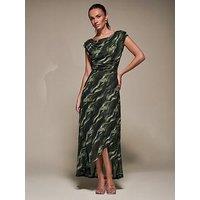 Jolie Moi Asymmetric Draped Mesh Maxi Dress - Green