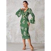 Jolie Moi Frill Sleeve Pleated Wrap Midi Dress - Green
