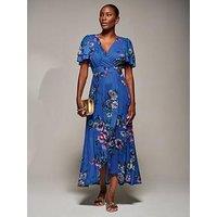 Jolie Moi Angel Sleeve Mesh Frill Wrap Maxi Dress - Blue
