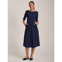 Jolie Moi Printed Scuba Fold Collar Midi Dress - Navy