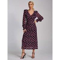 Jolie Moi Ruffle V Neck Long Sleeve Mesh Midaxi Dress - Pink