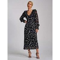 Jolie Moi Ruffle V Neck Long Sleeve Mesh Midaxi Dress - Black