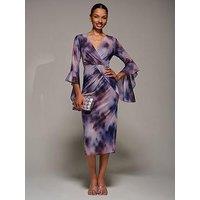 Jolie Moi Ruffle Sleeve Ruched Mesh Bodycon Dress - Purple
