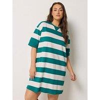 Yours Curve Stripe Print Ribbed T-Shirt Dress - Teal Blue