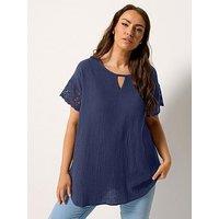 Yours Curve Cheesecloth Crochet Top - Blue