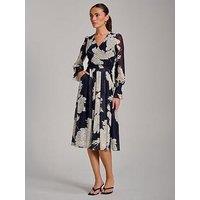 Jolie Moi Long Sleeve Printed Mesh Midi Dress - Navy