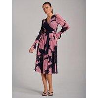 Jolie Moi Long Sleeve Printed Mesh Midi Dress - Pink