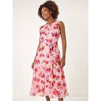 Roman Floral Pleated Chiffon Midi Dress